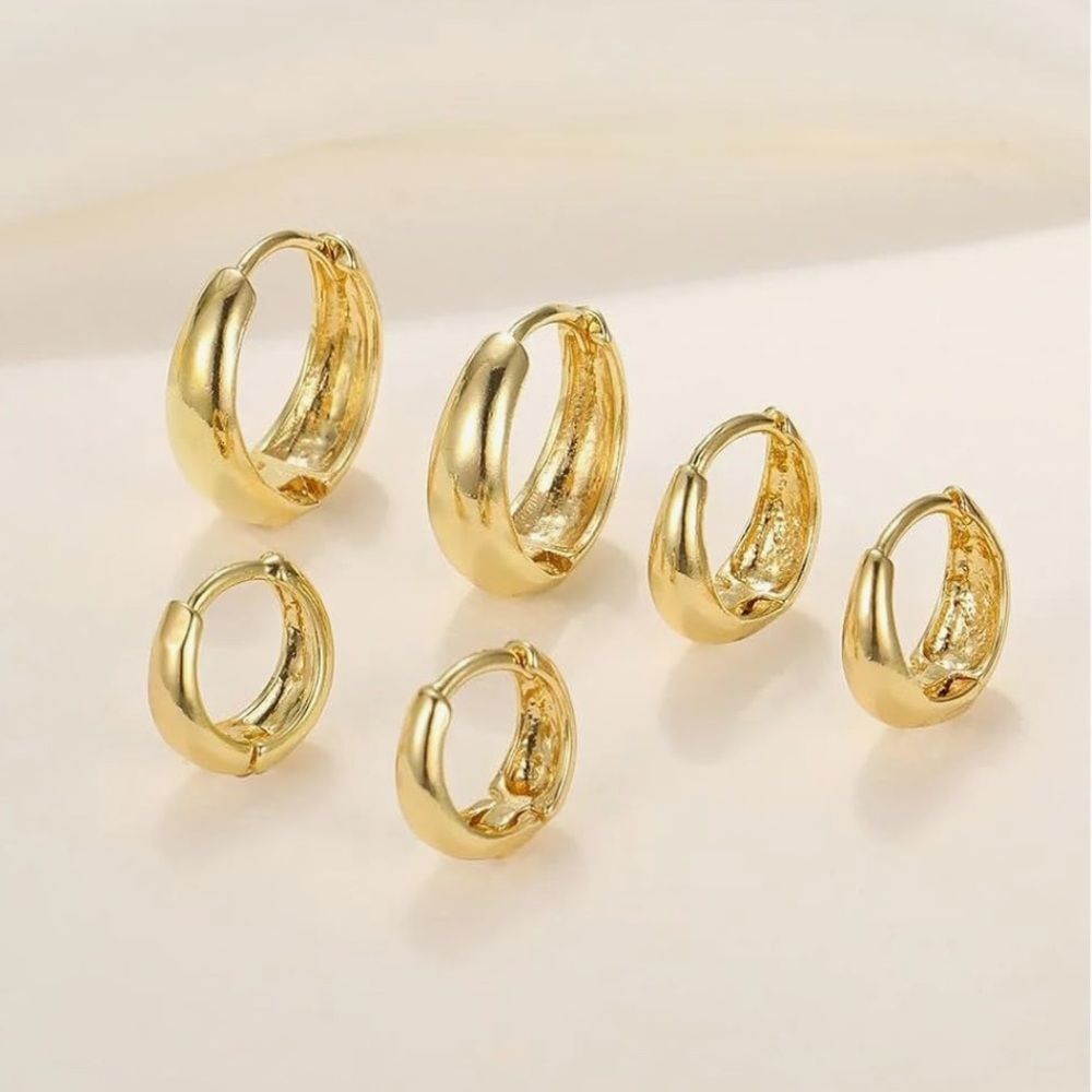 14K Gold Chunky Huggie Hoop Earrings Set 3 Pairs 14K Plated Minimalist Jewelry